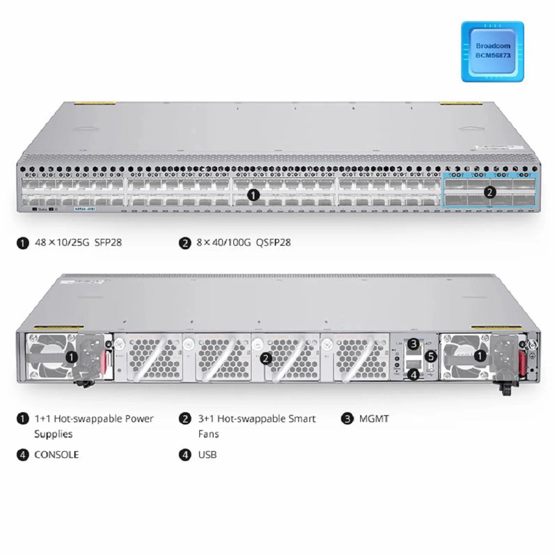 FyberOptix N8560-48BC, 48-Port Ethernet L3 Data Center Switch, 48 x 25Gb SFP28, with 8 x 100Gb QSFP28, Support MLAG/Stacking, Broadcom Chip, Front-to-Back Airflow