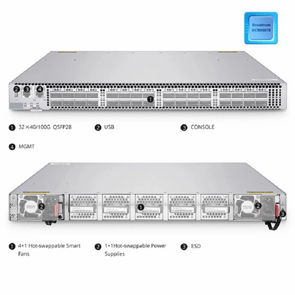 FyberOptix N8560-32C, 32-Port Ethernet L3 Data Center Switch, 32 x 100Gb QSFP28, Support MLAG/Stacking, Broadcom Chip, Front-to-Back Airflow