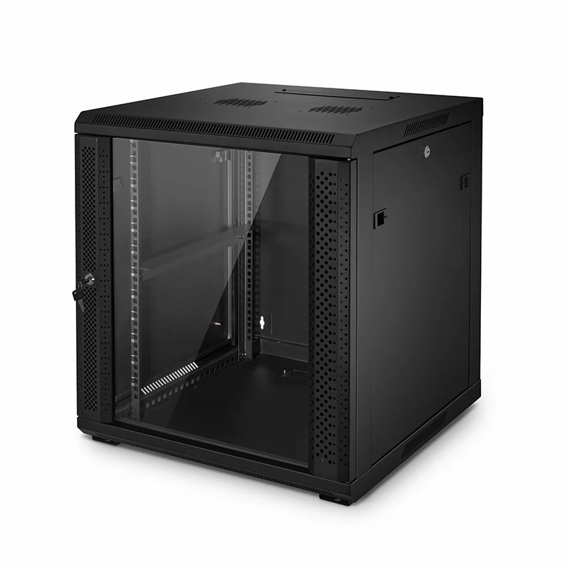 FyberOptix 12U GW600-Series 19" 4-Post Black Wall Mount Cabinet with Glass Front Door and 4 Casters