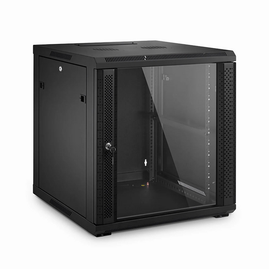 FyberOptix 12U GW600-Series 19" 4-Post Black Wall Mount Cabinet with Glass Front Door and 4 Casters