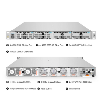 FyberOptix D6000-CH1U, 4 Slots 1U Unloaded Chassis, Support Single-wavelength 100G/400G, Up to 6.4T Capacity, Redundant AC PSUs, Support AmpCon-T/WebGUI Network Management