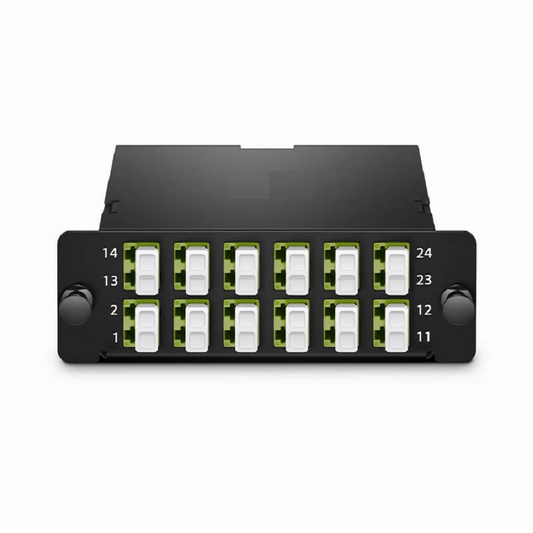 FyberOptix FHDâ„¢ MTPÂ®-LC Cassette, OM5 Multimode, Type AF, 24 Fibers, MTPÂ®-24 (Male) to 12 x LC Duplex, 0.35dB Max.