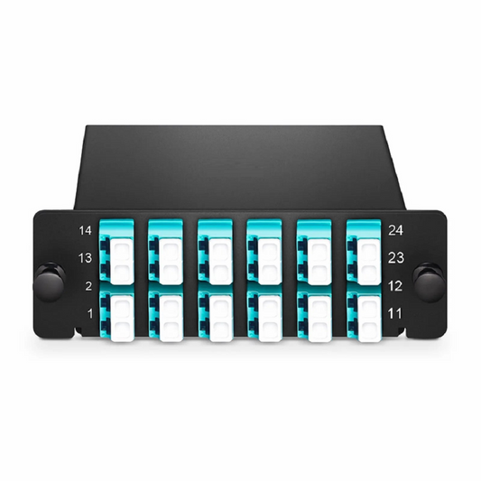 FyberOptix FHDâ„¢ LC Splice Cassette with Pigtails, 24 Fibers OM4 Multimode,12 x LC UPC Duplex (Aqua), 0.3dB Max.