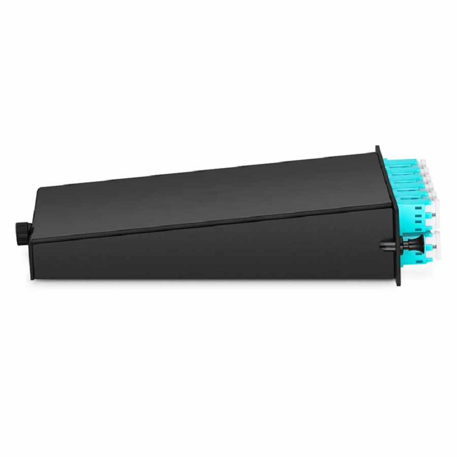 FyberOptix FHDâ„¢ LC Splice Cassette with Pigtails, 24 Fibers OM4 Multimode,12 x LC UPC Duplex (Aqua), 0.3dB Max.