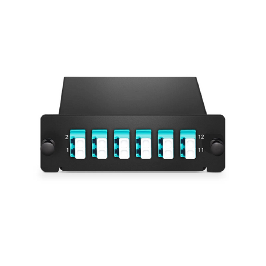 FyberOptix FHDâ„¢ LC Splice Cassette with Pigtails, 12 Fibers OM4 Multimode, 6 x LC UPC Duplex (Aqua), 0.3dB Max.