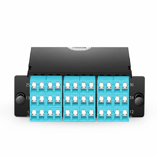 FyberOptix FHDâ„¢ MTPÂ®-LC Cassette, OM4 Multimode, Type A, 36 Fibers, 3 x MTPÂ®-12 (Male) to 18 x Shuttered LC Duplex (Aqua), 0.35dB Max.