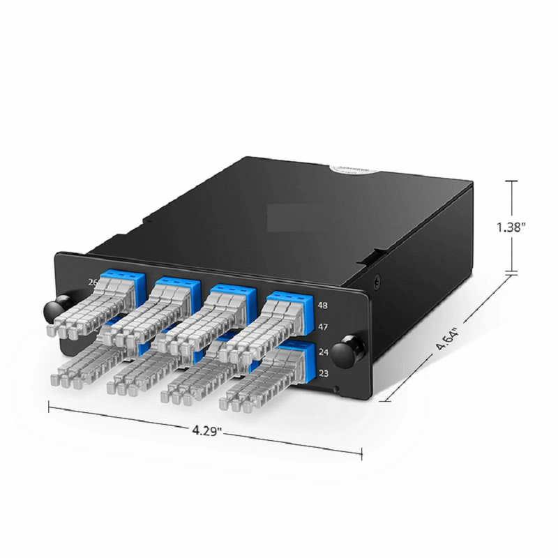 FyberOptix FHDA MTP®-MDC Cassette, OS2 Single Mode, Type A, 48 Fibers, 4 x MTP®-12 (Male) to 8 x MDC 3-Port Duplex (Blue), 0.35dB Max.