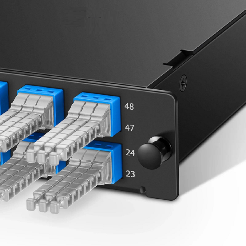 FyberOptix FHDA MTP®-MDC Cassette, OS2 Single Mode, Type A, 48 Fibers, 4 x MTP®-12 (Male) to 8 x MDC 3-Port Duplex (Blue), 0.35dB Max.