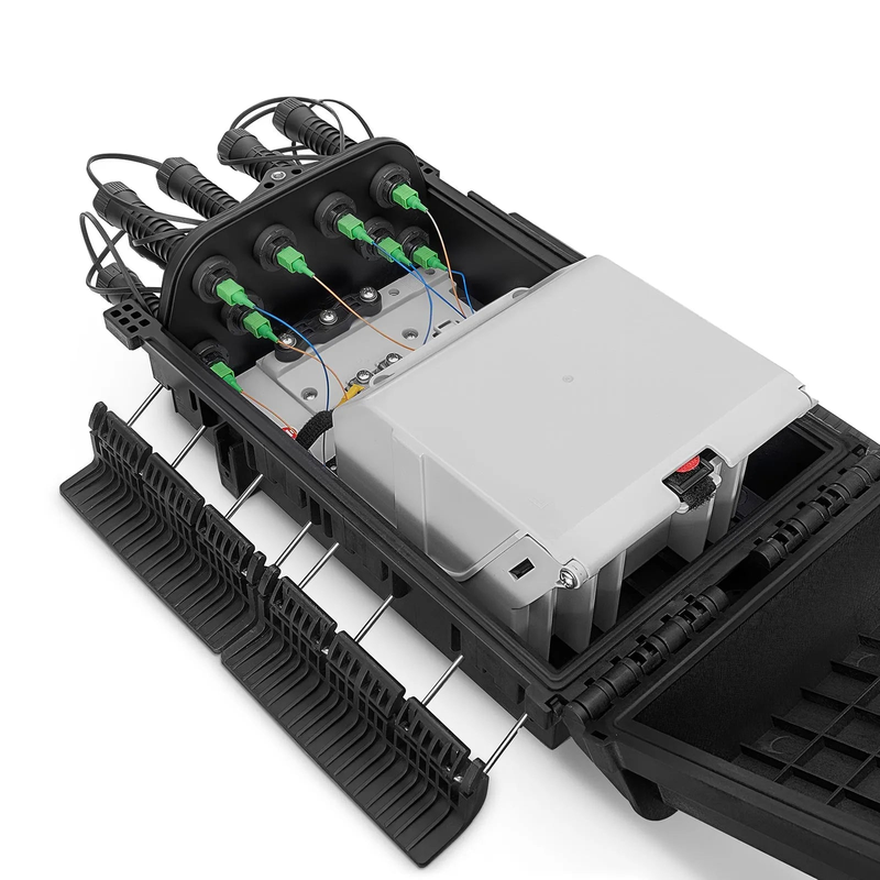 FyberOptix Universal Pre-Terminated Hub Box for Quick ODN, 1 Uncut Port, 8 SC/APC Adapters, Mechanical Seal, Supports 1:2/1:4/1:8 Mini Splitters, PP+GF, IP65, Wall/Pole/Aerial Mount, Indoor/Outdoor