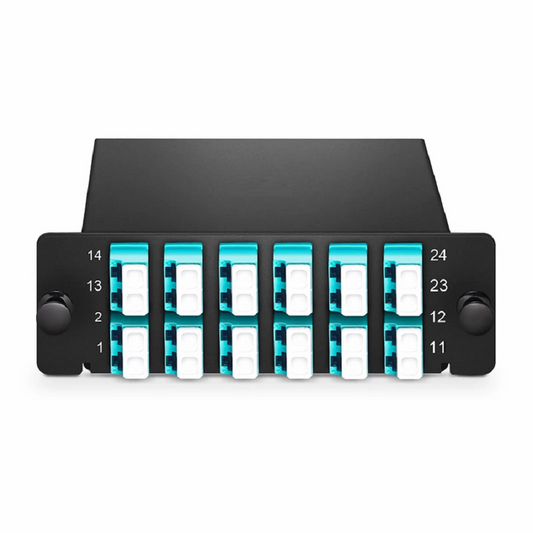 FyberOptix FHDâ„¢ LC Splice Cassette with Pigtails, 24 Fibers OM4 Multimode,12 x LC UPC Duplex (Aqua), 0.3dB Max.