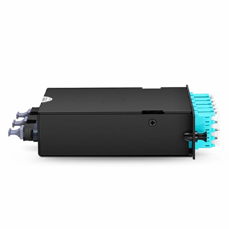 FyberOptix FHDA MTP®-LC Cassette, OM4 Multimode, Universal, 24 Fibers, 3 x MTP®-8 (Male) to 6 x LC Quad (Aqua), 0.35dB Max.