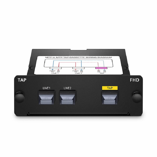 FyberOptix FHDâ„¢ MTPÂ® TAP Cassette, OS2 Single Mode, 2 x MTPÂ®-8 Male Live Ports, MTPÂ®-8 Male TAP Port, 50/50 Split Ratio (Live/TAP), 40/100G