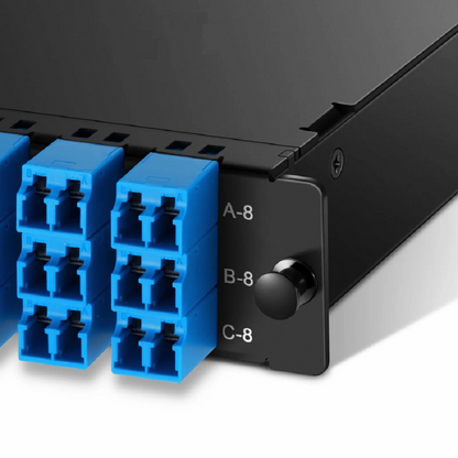 FyberOptix FHDA MTP®-LC Cassette, OM4 Multimode, Universal, 24 Fibers, 3 x MTP®-8 (Male) to 12 x Shuttered LC Duplex (Aqua), 0.35dB Max.