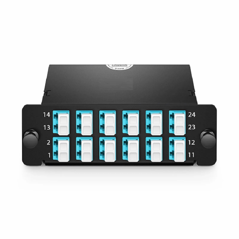 FyberOptix FHDâ„¢ MTPÂ®-LC Cassette, OM4 Multimode, Type AF, 24 Fibers, 2 x MTPÂ®-12 (Male) to 12 x LC Duplex (Aqua), 0.35dB Max.