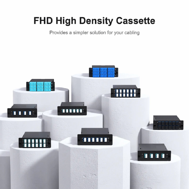 FyberOptix FHDâ„¢ MTPÂ®-LC Cassette, OS2 Single Mode, Type AF, 12 Fibers, MTPÂ®-12 (Male) to 6 x LC Duplex (Blue), 0.35dB Max.