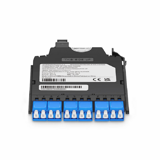 FyberOptix FHXâ„¢ MTPÂ®-LC Cassette, OM4 Multimode, Universal, 12 Fibers, MTPÂ®-12 (Male) to 6 x Shuttered LC Duplex (Aqua), 0.35dB Max.