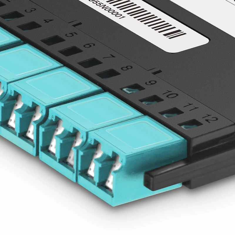 FyberOptix FHXA MTP®-LC Cassette, OM4 Multimode, Type AF, 12 Fibers, MTP®-12 (Male) to 6 x Shuttered LC Duplex (Aqua), 0.35dB Max.