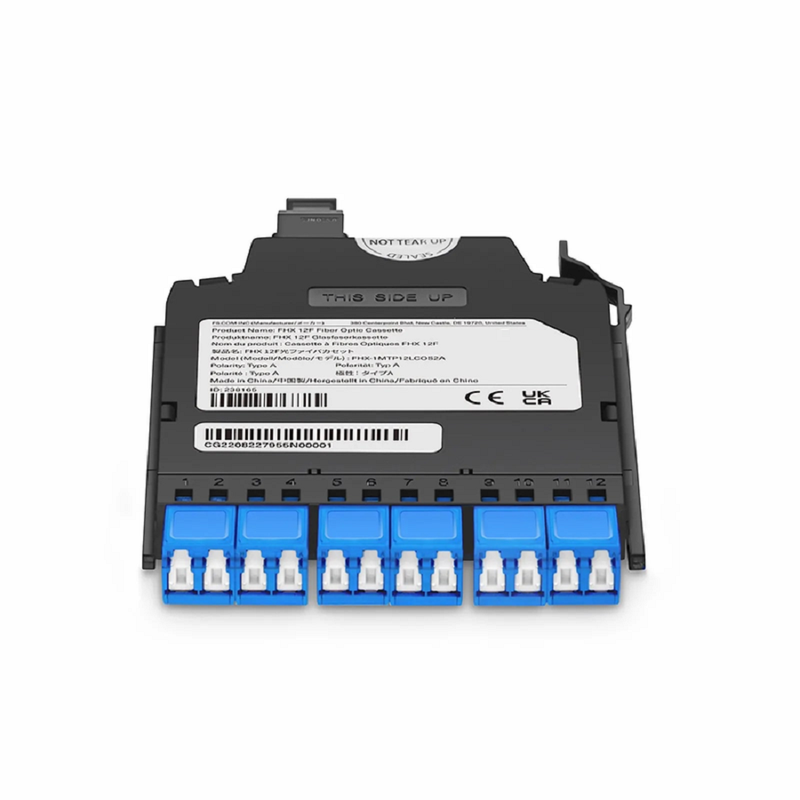 FyberOptix FHXâ„¢ MTPÂ®-LC Cassette, OS2 Single Mode, Universal, 12 Fibers, MTPÂ®-12 (Male) to 6 x Shuttered LC Duplex (Blue), 0.35dB Max.