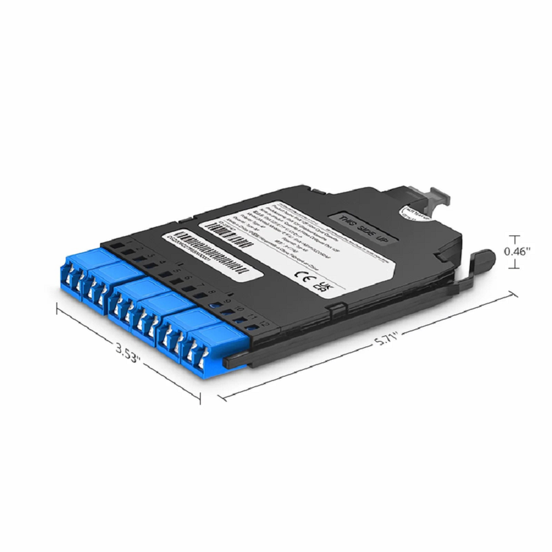 FyberOptix FHXâ„¢ MTPÂ®-LC Cassette, OS2 Single Mode, Universal, 12 Fibers, MTPÂ®-12 (Male) to 6 x Shuttered LC Duplex (Blue), 0.35dB Max.