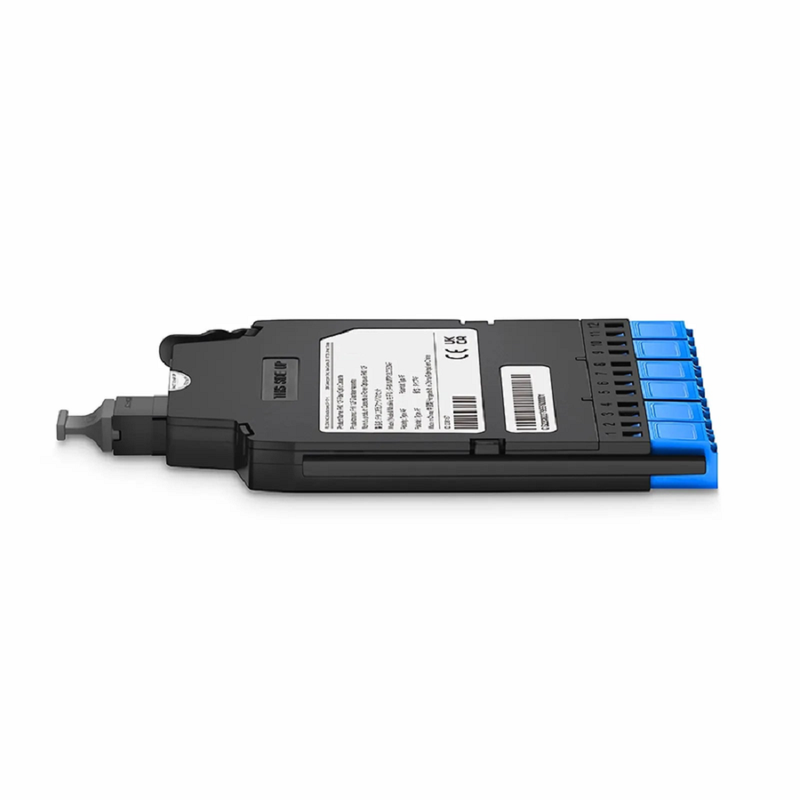 FyberOptix FHXâ„¢ MTPÂ®-LC Cassette, OS2 Single Mode, Universal, 12 Fibers, MTPÂ®-12 (Male) to 6 x Shuttered LC Duplex (Blue), 0.35dB Max.
