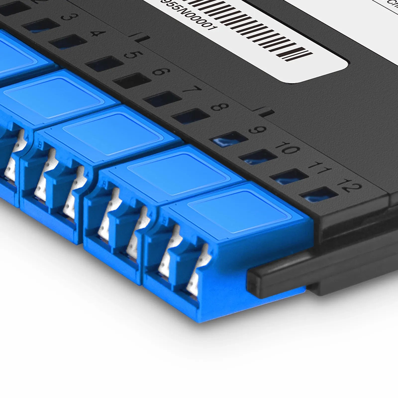 FyberOptix FHXâ„¢ MTPÂ®-LC Cassette, OS2 Single Mode, Universal, 12 Fibers, MTPÂ®-12 (Male) to 6 x Shuttered LC Duplex (Blue), 0.35dB Max.
