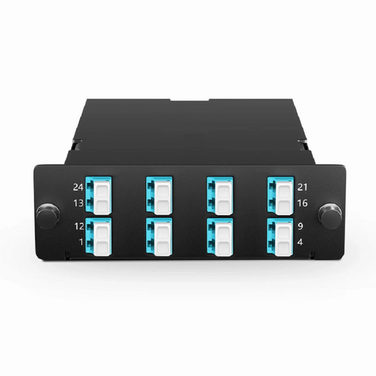 FyberOptix FHDâ„¢ MTPÂ®-LC Cassette, OM4 Multimode, Universal, 16 Fibers, 2 x MTPÂ®-8 (Male) to 8 x LC Duplex (Aqua), 0.35dB Max.
