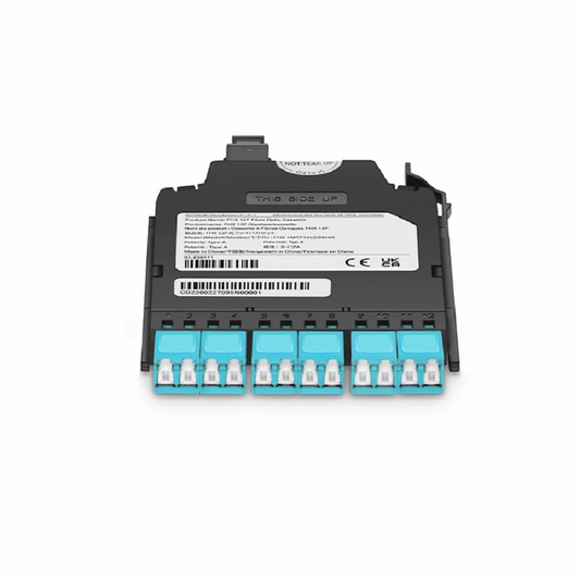 FyberOptix FHXâ„¢ MTPÂ®-LC Cassette, OM4 Multimode, Type AF, 12 Fibers, MTPÂ®-12 (Male) to 6 x Shuttered LC Duplex (Aqua), 0.35dB Max.