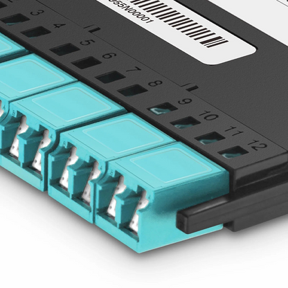 FyberOptix FHXA MTP®-LC Cassette, OM4 Multimode, Type AF, 12 Fibers, MTP®-12 (Male) to 6 x Shuttered LC Duplex (Aqua), 0.35dB Max.
