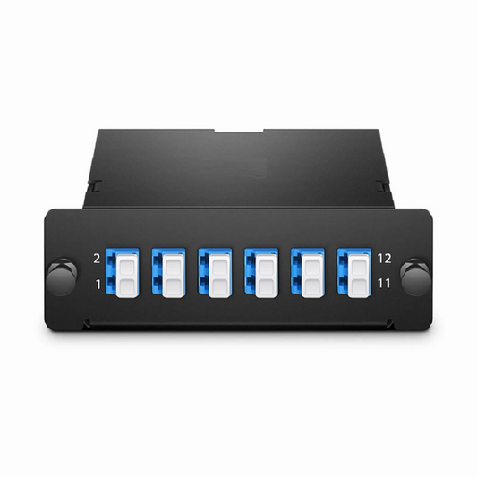 FyberOptix FHDâ„¢ MTPÂ®-LC Cassette, OS2 Single Mode, Universal, 12 Fibers, MTPÂ®-12 (Male) to 6 x LC Duplex (Blue), 0.35dB Max.