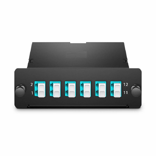 FyberOptix FHDâ„¢ MTPÂ®-LC Cassette, OM4 Multimode, Universal, 12 Fibers, MTPÂ®-12 (Male) to 6 x LC Duplex (Aqua), 0.35dB Max.