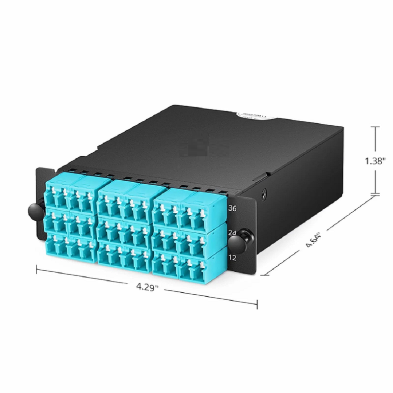 FyberOptix FHDâ„¢ MTPÂ®-LC Cassette, OM4 Multimode, Type A, 36 Fibers, 3 x MTPÂ®-12 (Male) to 18 x Shuttered LC Duplex (Aqua), 0.35dB Max.