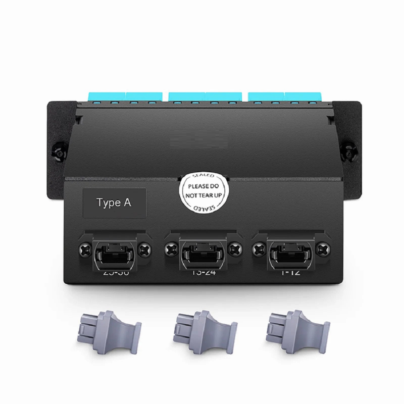 FyberOptix FHDâ„¢ MTPÂ®-LC Cassette, OM4 Multimode, Type A, 36 Fibers, 3 x MTPÂ®-12 (Male) to 18 x Shuttered LC Duplex (Aqua), 0.35dB Max.
