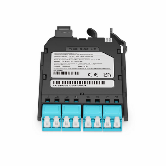 FyberOptix FHXâ„¢ MTPÂ®-LC Cassette, OM4 Multimode, Universal, 8 Fibers, MTPÂ®-8 (Male) to 4 x Shuttered LC Duplex (Aqua), 0.35dB Max.