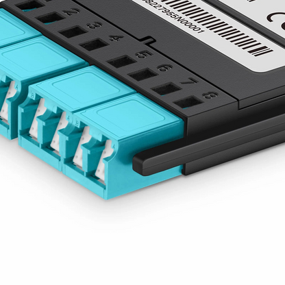 FyberOptix FHXA MTP®-LC Cassette, OM4 Multimode, Universal, 8 Fibers, MTP®-8 (Male) to 4 x Shuttered LC Duplex (Aqua), 0.35dB Max.