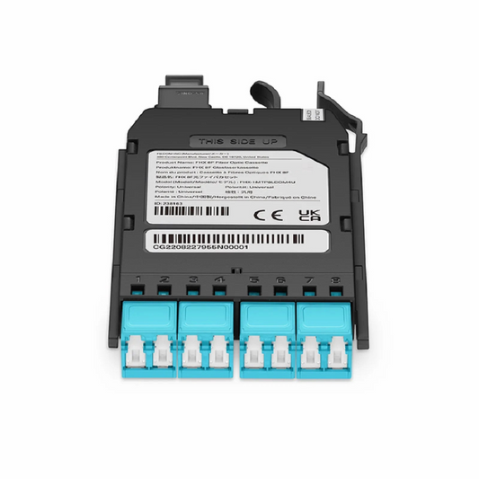 FyberOptix FHXâ„¢ MTPÂ®-LC Cassette, OS2 Single Mode, Universal, 8 Fibers, MTPÂ®-8 (Male) to 4 x Shuttered LC Duplex (Blue), 0.35dB Max.