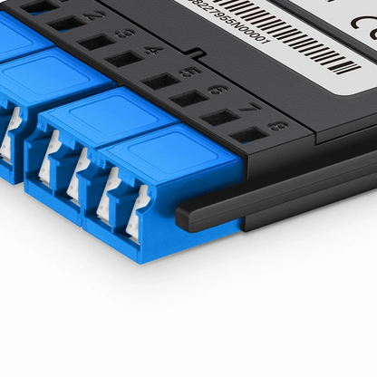 FyberOptix FHXA MTP®-LC Cassette, OS2 Single Mode, Universal, 8 Fibers, MTP®-8 (Male) to 4 x Shuttered LC Duplex (Blue), 0.35dB Max.