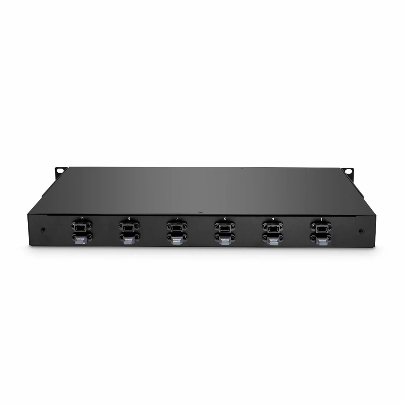 FyberOptix FHUA 1U MTP®-LC Cassette, OM4 Multimode, Universal, 96 Fibers, 12 x MTP®-8 (Male) to 24 x LC Quad (Aqua), 0.35dB Max.