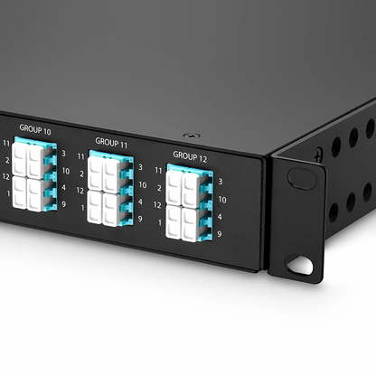 FyberOptix FHUA 1U MTP®-LC Cassette, OM4 Multimode, Universal, 96 Fibers, 12 x MTP®-8 (Male) to 24 x LC Quad (Aqua), 0.35dB Max.