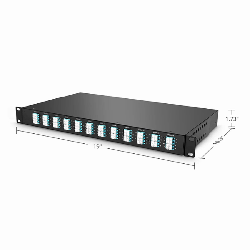 FyberOptix FHUA 1U MTP®-LC Cassette, OS2 Single Mode, Universal, 96 Fibers, 12 x MTP®-8 (Male) to 24 x LC Quad (Blue), 0.35dB Max.