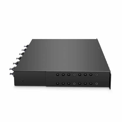 FyberOptix FHUA 1U MTP®-LC Cassette, OS2 Single Mode, Universal, 96 Fibers, 12 x MTP®-8 (Male) to 24 x LC Quad (Blue), 0.35dB Max.