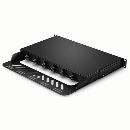 FyberOptix FHUA 1U MTP®-LC Cassette, OS2 Single Mode, Universal, 96 Fibers, 12 x MTP®-8 (Male) to 24 x LC Quad (Blue), 0.35dB Max.