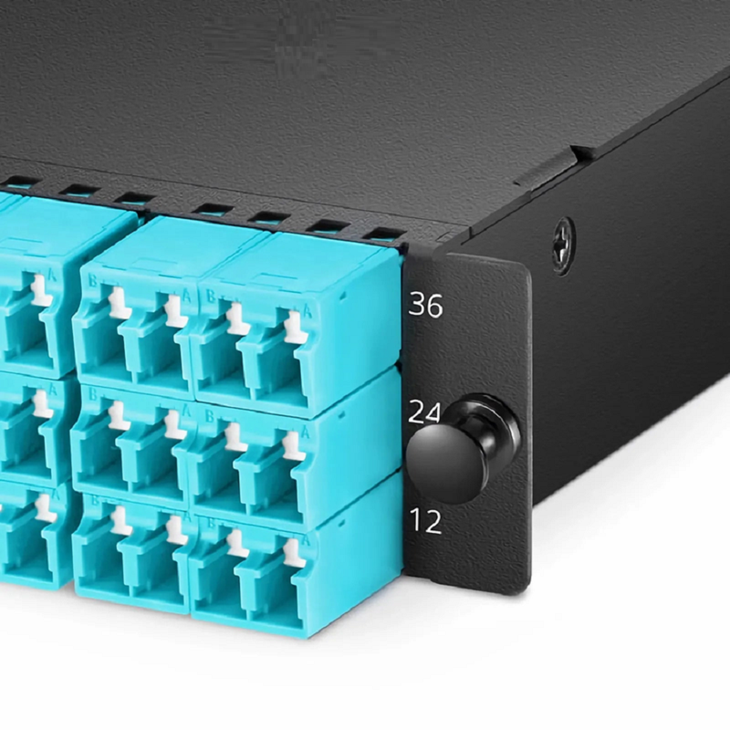 FyberOptix FHDâ„¢ MTPÂ®-LC Cassette, OM4 Multimode, Type A, 36 Fibers, 3 x MTPÂ®-12 (Male) to 18 x Shuttered LC Duplex (Aqua), 0.35dB Max.