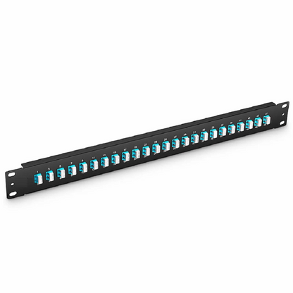FyberOptix FHUA 1U 19'' Fiber Adapter Panel, 48 Fibers OM4 Multimode, 24 x LC UPC Duplex (Aqua) Adapter, Ceramic Sleeve