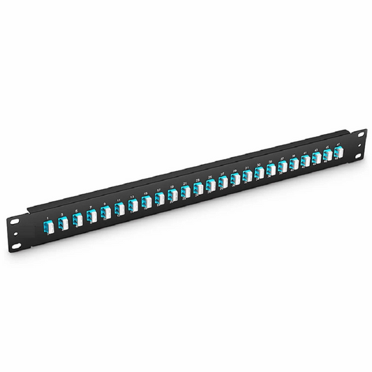 FyberOptix FHUâ„¢ 1U 19'' Fiber Adapter Panel, 48 Fibers OM4 Multimode, 24 x LC UPC Duplex (Aqua) Adapter, Ceramic Sleeve