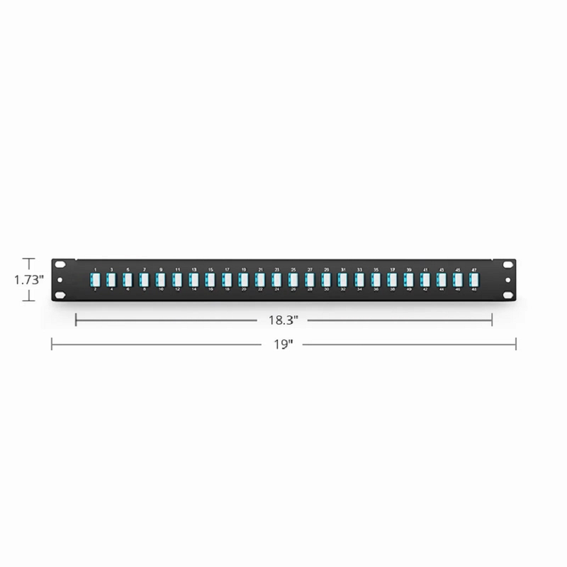 FyberOptix FHUA 1U 19'' Fiber Adapter Panel, 48 Fibers OM4 Multimode, 24 x LC UPC Duplex (Aqua) Adapter, Ceramic Sleeve