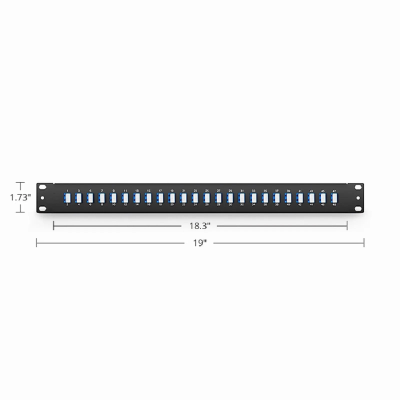 FyberOptix FHUA 1U 19'' Fiber Adapter Panel, 48 Fibers OS2 Single Mode, 24 x LC UPC Duplex (Blue) Adapter, Ceramic Sleeve