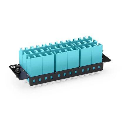 FyberOptix FHDA Fiber Adapter Panel, 36 Fibers OM4 Multimode, 18 x Shuttered LC UPC Duplex (Aqua) Adapter, Ceramic Sleeve