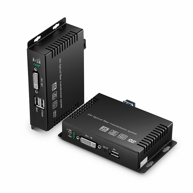 FyberOptix 4K DVI USB2.0 KVM Extender Set with Audio and EDID over LC Fiber Optic Cable for 10km, 3840x 2160@30Hz, with Pre-installed SFP+ Modules