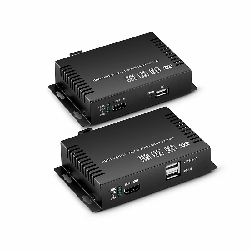 FyberOptix 4K HDMI USB2.0 KVM Extender Set with Audio and EDID over LC Fiber Optic Cable for 10km, 3840x 2160@30Hz, with Pre-installed SFP+ Modules