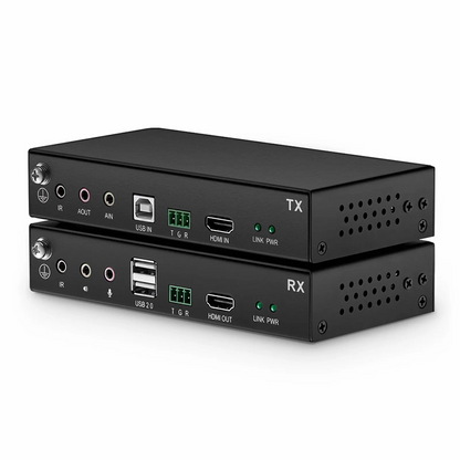 FyberOptix 4K HDMI USB2.0 KVM Extender Set with Audio and HDCP over Single Mode Fiber for 10km, Multimode Fiber for 300m, and Cat5e/6/6a/7 Cable for 150m, 3840x 2160@30Hz